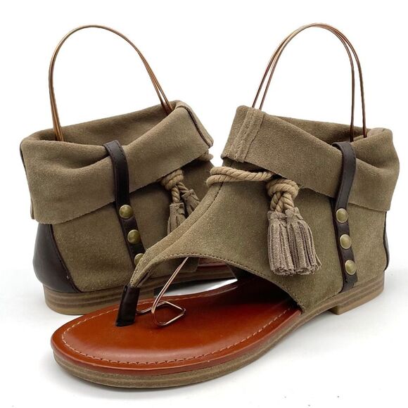 MIA Natasha Tan Stone Suede Boho Thong Ankle Wrap Tassel Sandal Women’s Size 7 - Picture 4 of 16